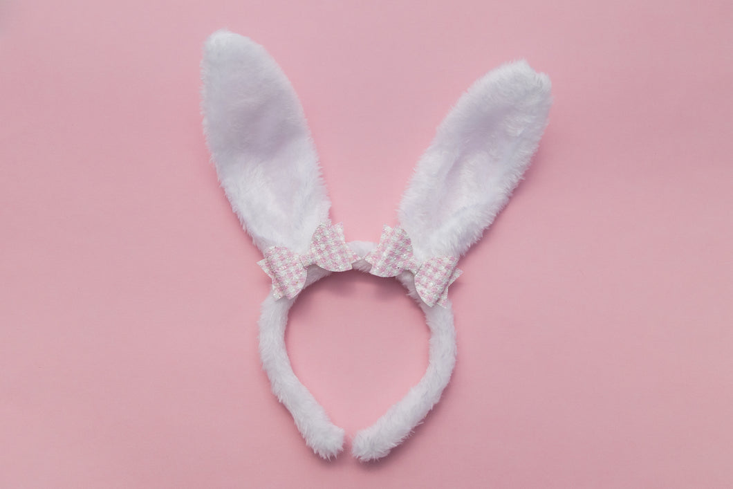 Adjustable Fluffy Bunny Ears with Pink Plaid Dolly Bows