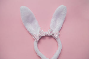 Adjustable Fluffy Bunny Ears with Pink Plaid Dolly Bows